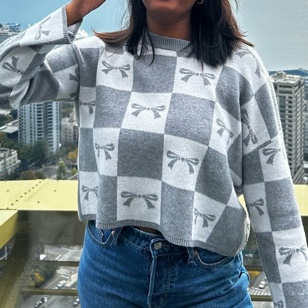 Gray and White Checkered Sweater